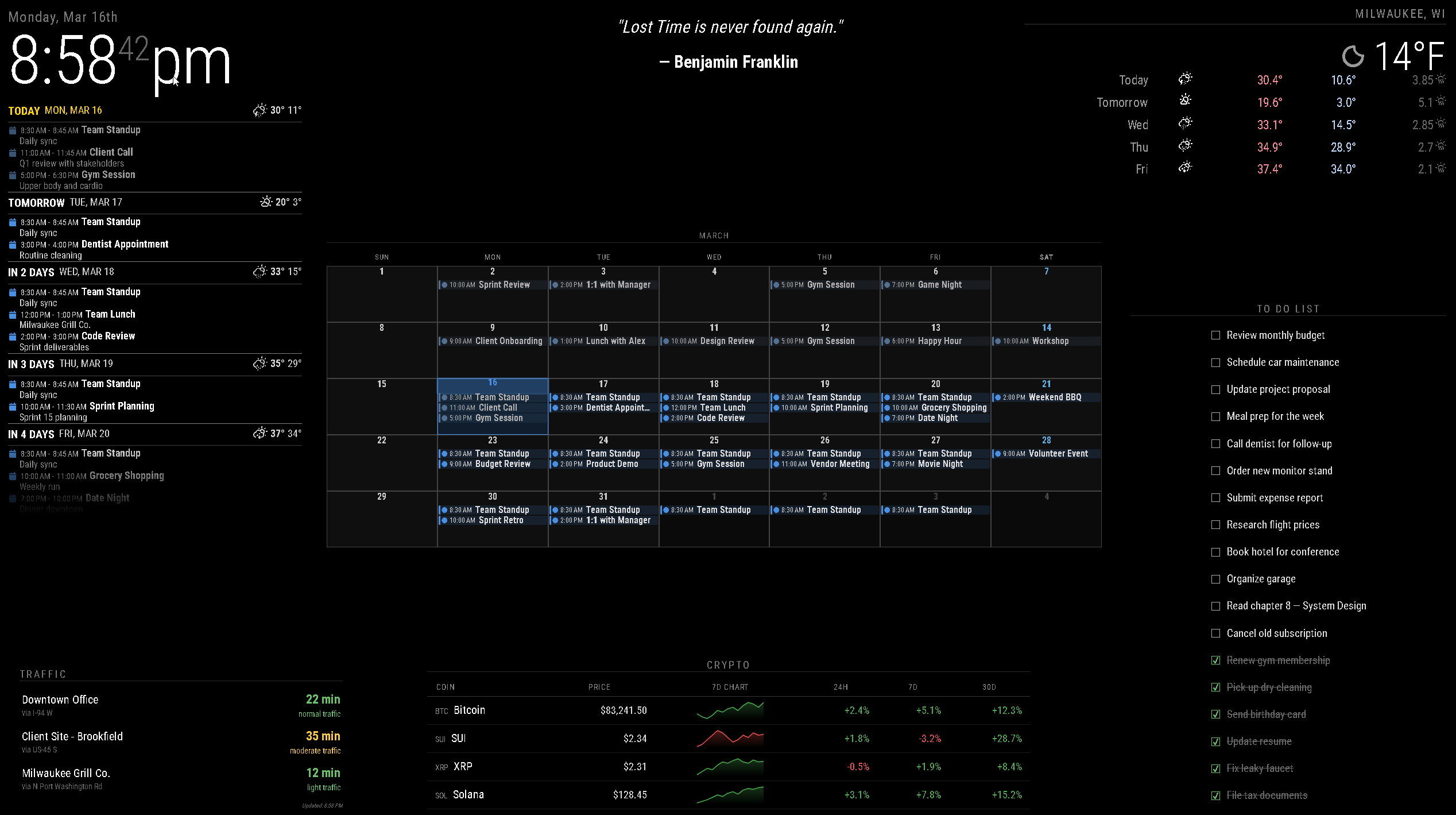 CWIS Smart Display — Calendar, weather, traffic, crypto, and to-do list on a single screen